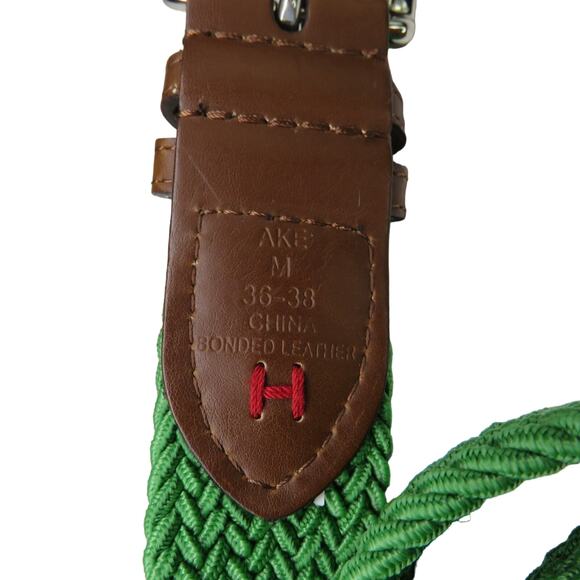 90s Vintage Tommy Hilfiger Green Braided Belt Brown Leather Buckle Retro Preppy - Picture 3 of 5